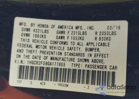 2016 Honda Accord Sport из США, поврежденный, VIN 1HGCR2F58GA177855